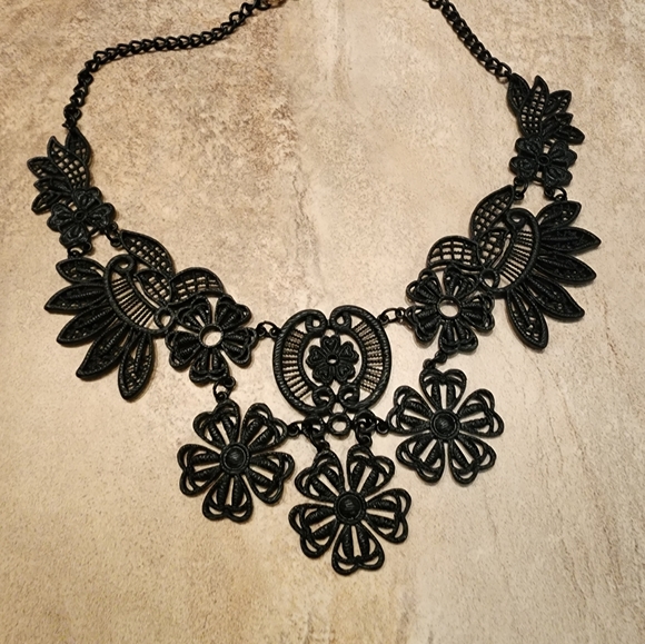 Matte Black Light Metal Lace Statement Necklace - Picture 1 of 2